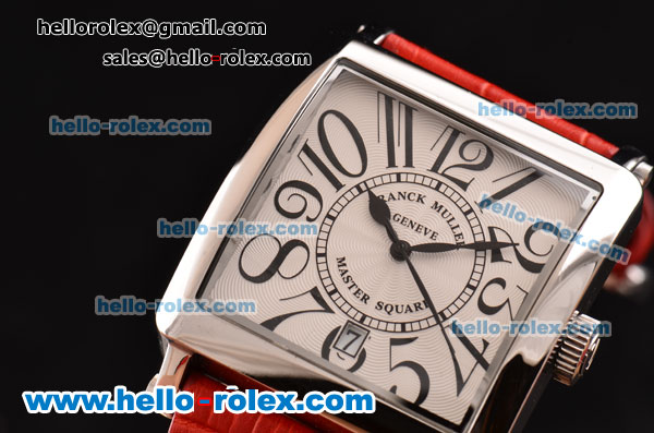 Franck Muller Master Square Swiss Quartz Steel Case with White Dial Numeral Marekrs and Red Leather Strap - Click Image to Close